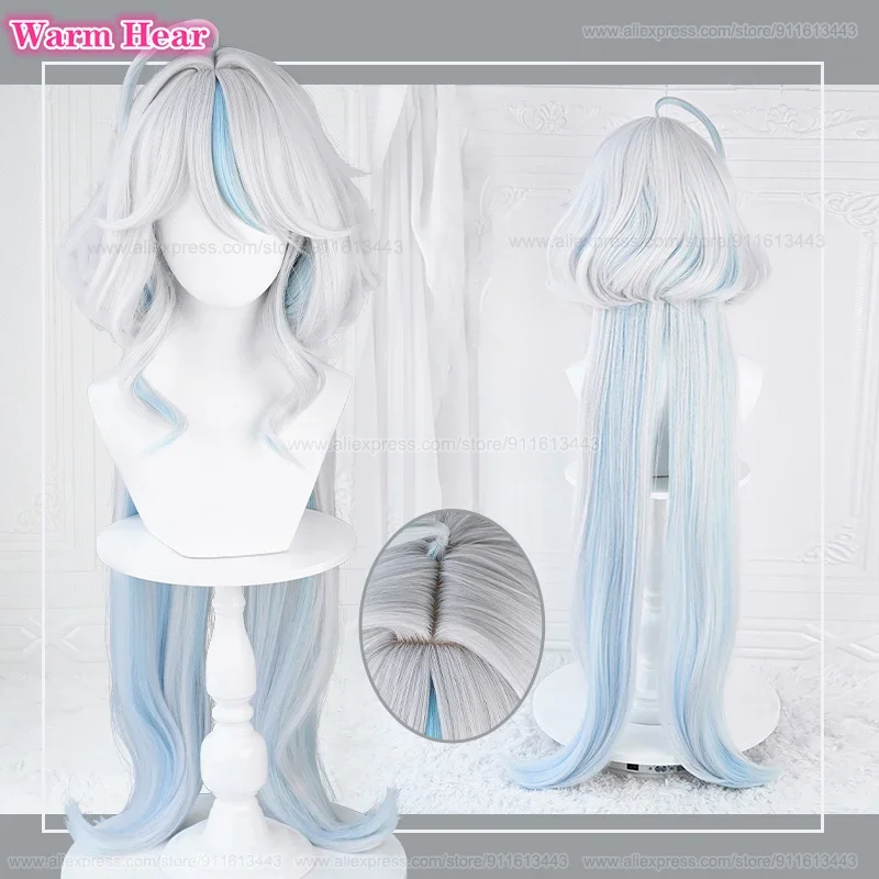 High Quality Focalors Synthetic Wig Anime Fontaine Furina 100cm White Blue Cruly Cosplay Anime Wigs Heat Resistant Hair +Wig Cap