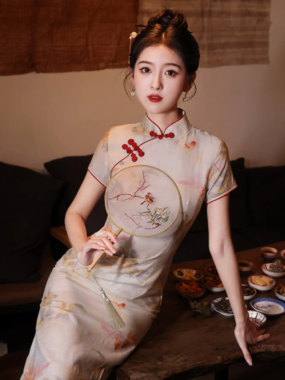 

Улучшенное летнее женское длинное ципао в молодежном стиле, повседневное, из 100% полиэстера, с коротким рукавом, для коррекции фигуры