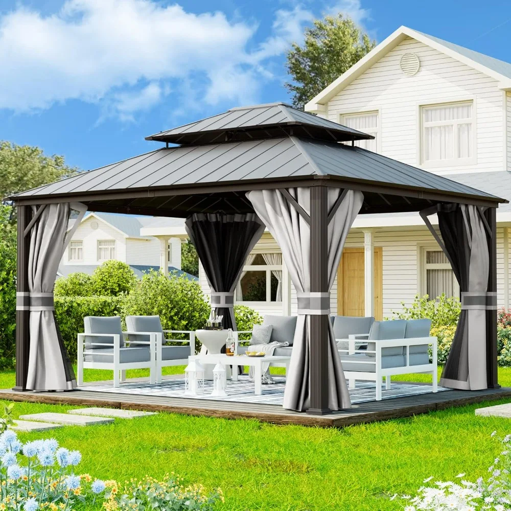 

12' X 14' Hardtop Gazebo, Galvanized Steel Double Roof Permanent Aluminum Gazebo, Outdoor Metal Pergolas with Mosquito Netting