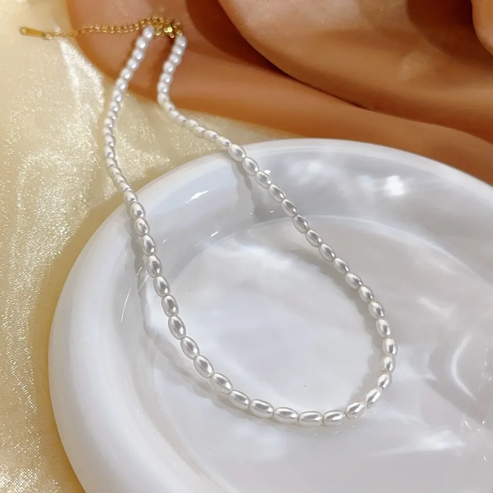Cute Charm Stainless Steel Oval Pearl Beaded Pendant Necklace for Women Classic Fashion Bride Jewelry Accessories Gift No Fade