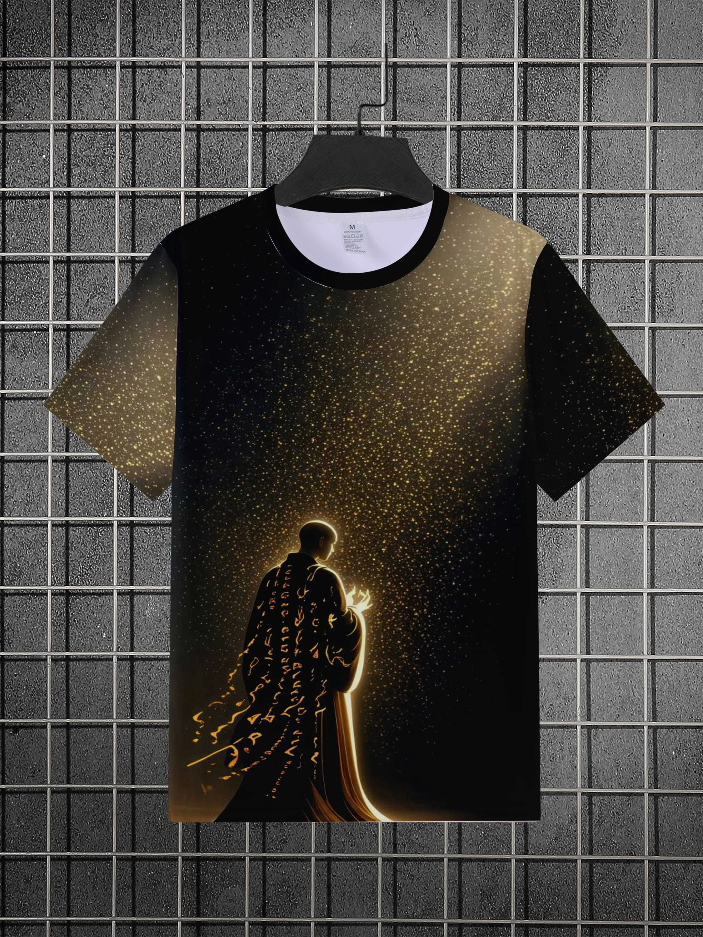 Men's Glowing Monk Silhouette Golden Starry Sky Print Crew Neck Short Sleeve Zen Religious Casual Tee Tops