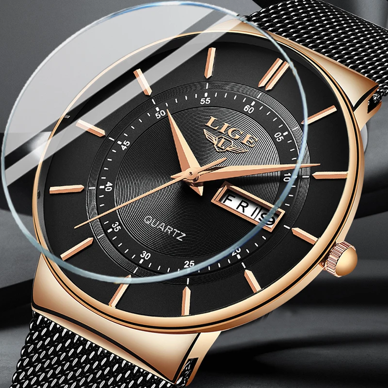 LIGE Fashion Outdoor Male Watch Luxury Casual Sports Stainless Steel Mesh Belt Waterproof Auto Date Quartz Watches for Men Gifts
