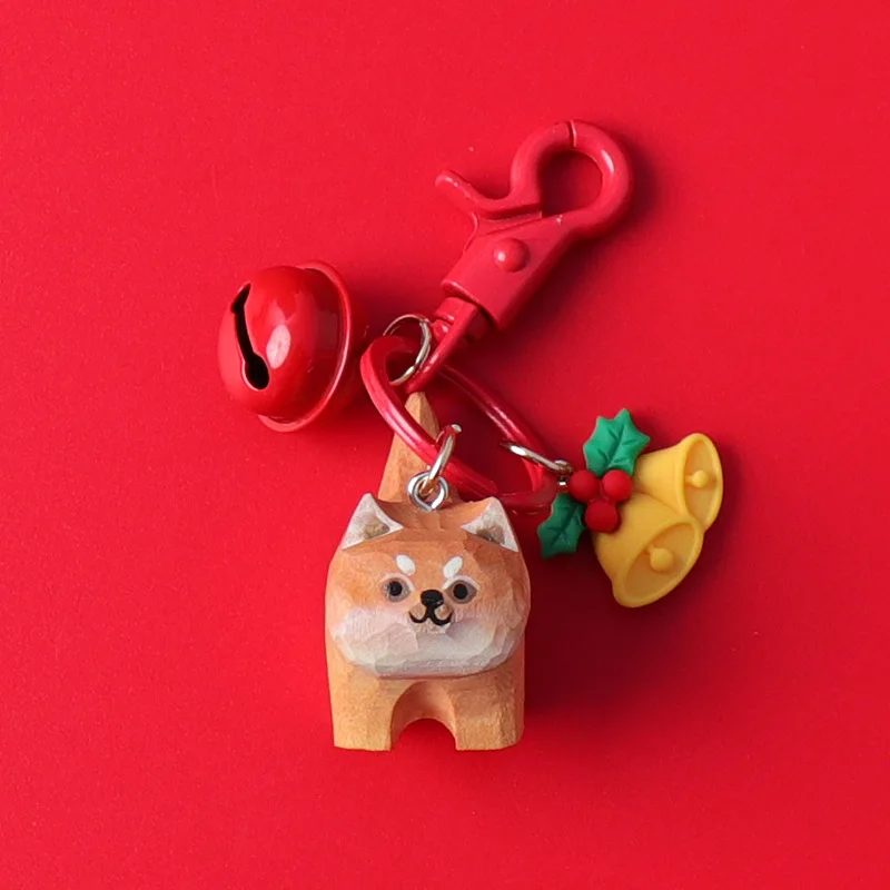 Creative Wood Carving Key Chain Pendant Cute Shiba Inu Cat Key Ring Car Backpack Pendant Mobile Phone Charm Christmas Gift