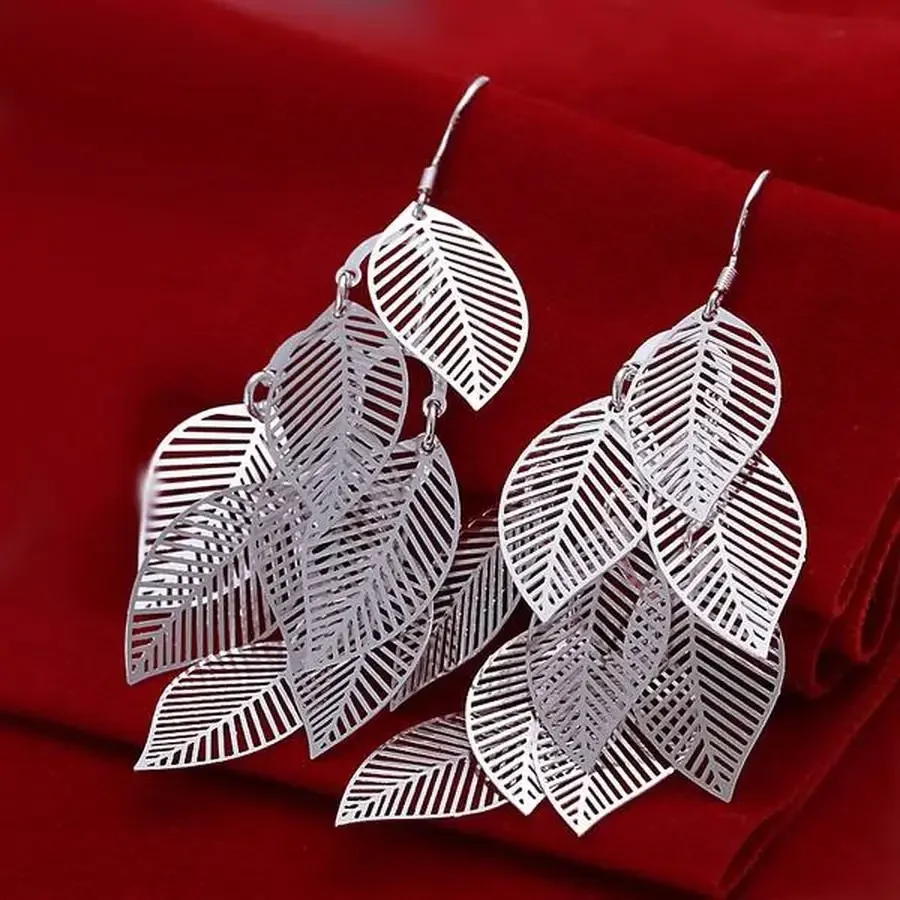 925 Sterling Silver Charms Women Cute Wedding Fashion Beautiful Retro Long Leaves Earring Jewelry Free Shipping Factory Price