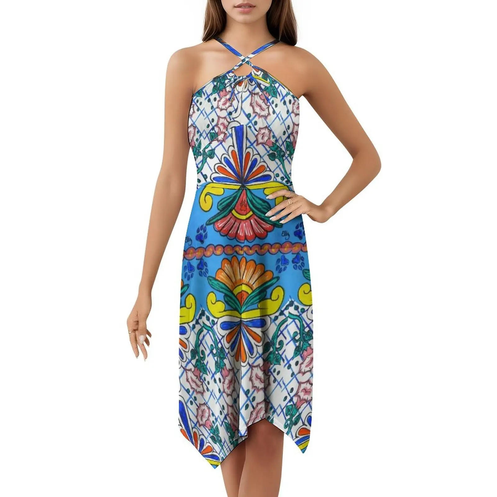 لوحة تالافيرا الملونة جيمسونوييد زهرة المكسيكي الكورية نمط فستان كاجوال للنساء فساتين مكتب سيدة يومية بسيطة