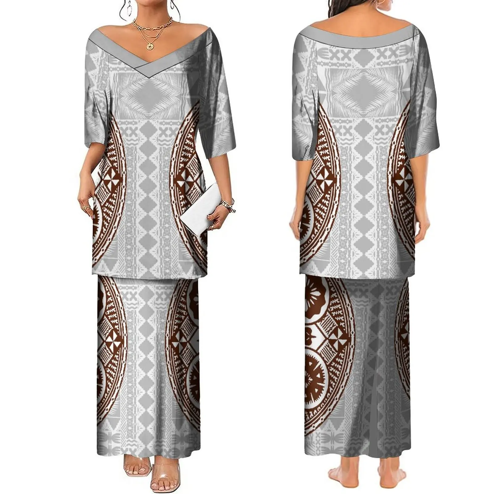 Puletasi Suit Dress Polynesian Island Design Women'S Dress Elegant V-Neck Top And Skirt Two-Piece Set