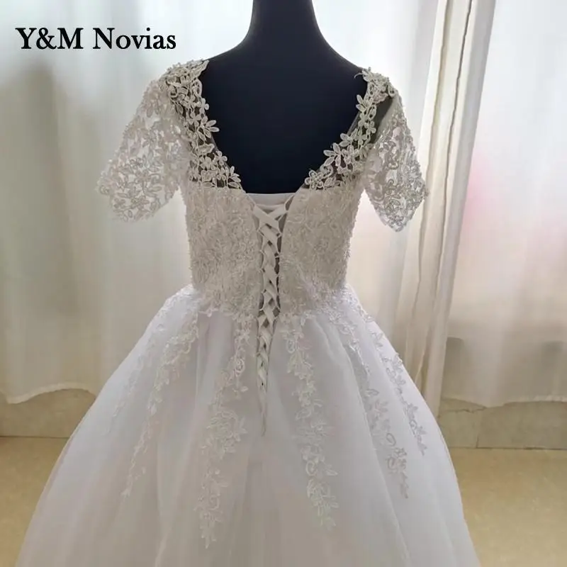 Y & m Novias – robe de mariée classique, col carré, blanc, ivoire, perles, avec manche, bord en dentelle appliqué, grande taille