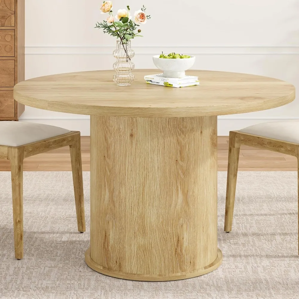 

Modern Round Dining Table for 4, Compact Kitchen Table with Wooden Top and Metal Base