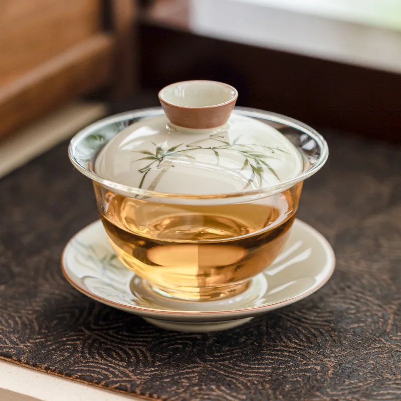 وعاء شاي من الخيزران الأخضر المرسوم يدويًا مع غطاء وعاء شاي الكونغ فو غير السمط طقم شاي زجاجي من السيراميك وعاء بغطاء ثلاثي الموهوب