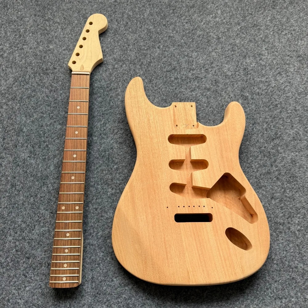 US Warehouse ST DIY Blank Electric Guitar Unprocessed Wood Body Neck Without Any Hardware for Rock Instrument 6‑String Wooden Guitar Kit For Self‑assembly Enthusiasts Home Custom Rebuild