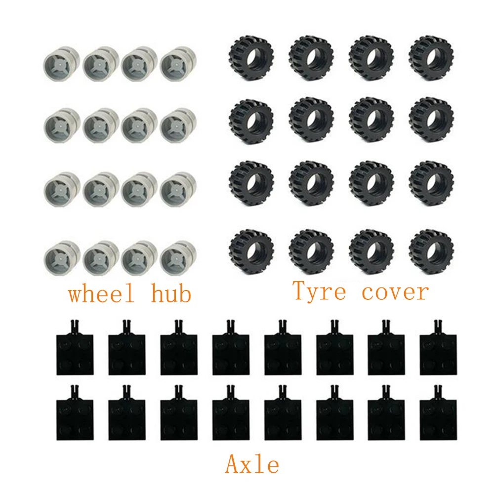 48 pçs pequenas partículas blocos de construção peças em massa eixos + pneus + eixos diy montagem modelo carro brinquedos tijolos acessórios