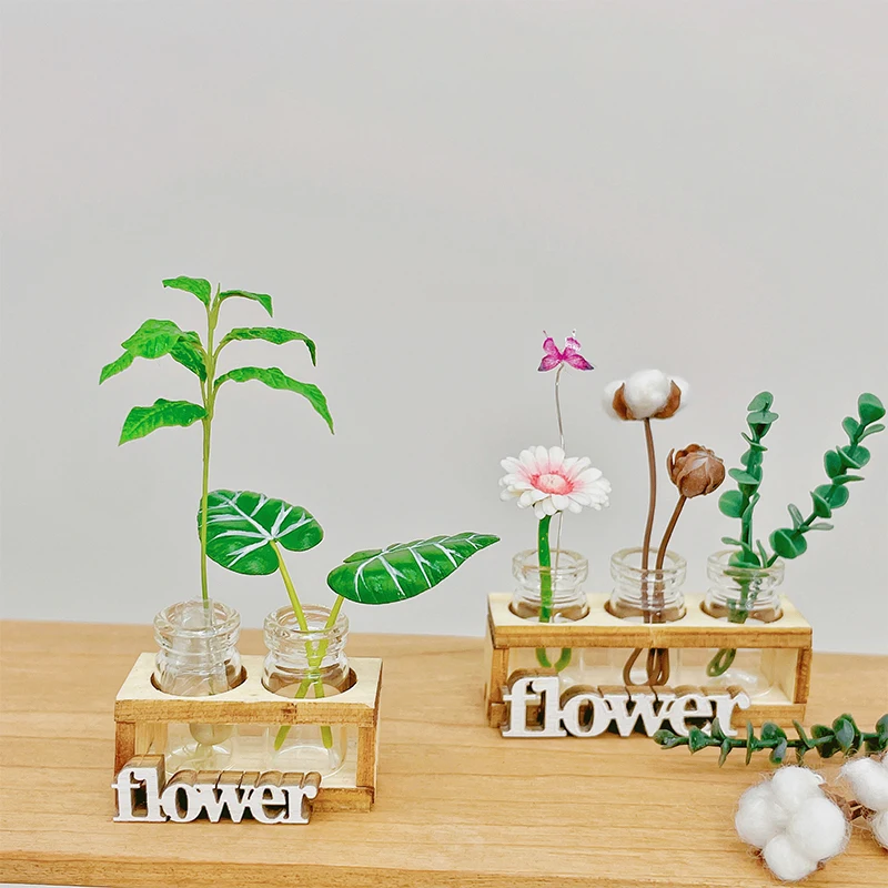 1Set 1:12 Dollhouse Miniature Hydroponic Wooden Flower Arrangement Stand Mini Glass Flower Vase Model Home Garden Decor Toys