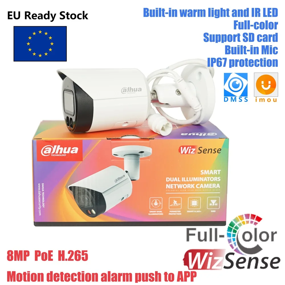 Dahua 8MP Smart Dual Light Fixed-focal Bullet WizSense Network Camera HFW2849S-S-IL Built-in warm light and IR LED Microphone