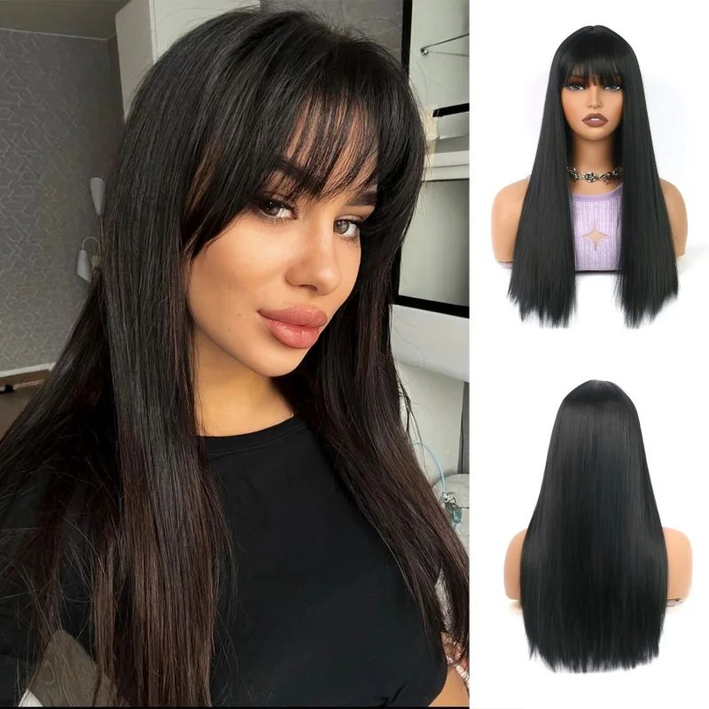 

24" Long Straight Black Wig With Bangs For Women -Synthetic Hair With Neat Bangs, Perfect For Daily Wear, Parties Or Cosplay
