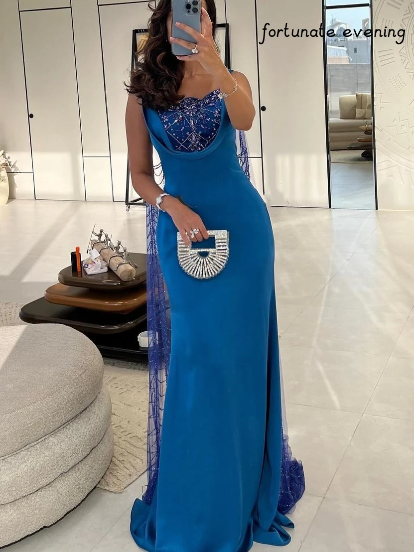 Fortunate Evening Elegant Vintage Blue Mermaid Beads Lace Stylish Saudi Arabia Formal Occasion Prom Dress Evening Party Gowns