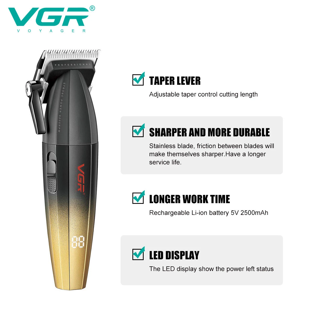 VGR Haartrimmer Professioneel Haarknipmachine Verstelbaar Haartrimmer Elektrisch 9000 RPM Barbier LED Tondeuse voor mannen V-003