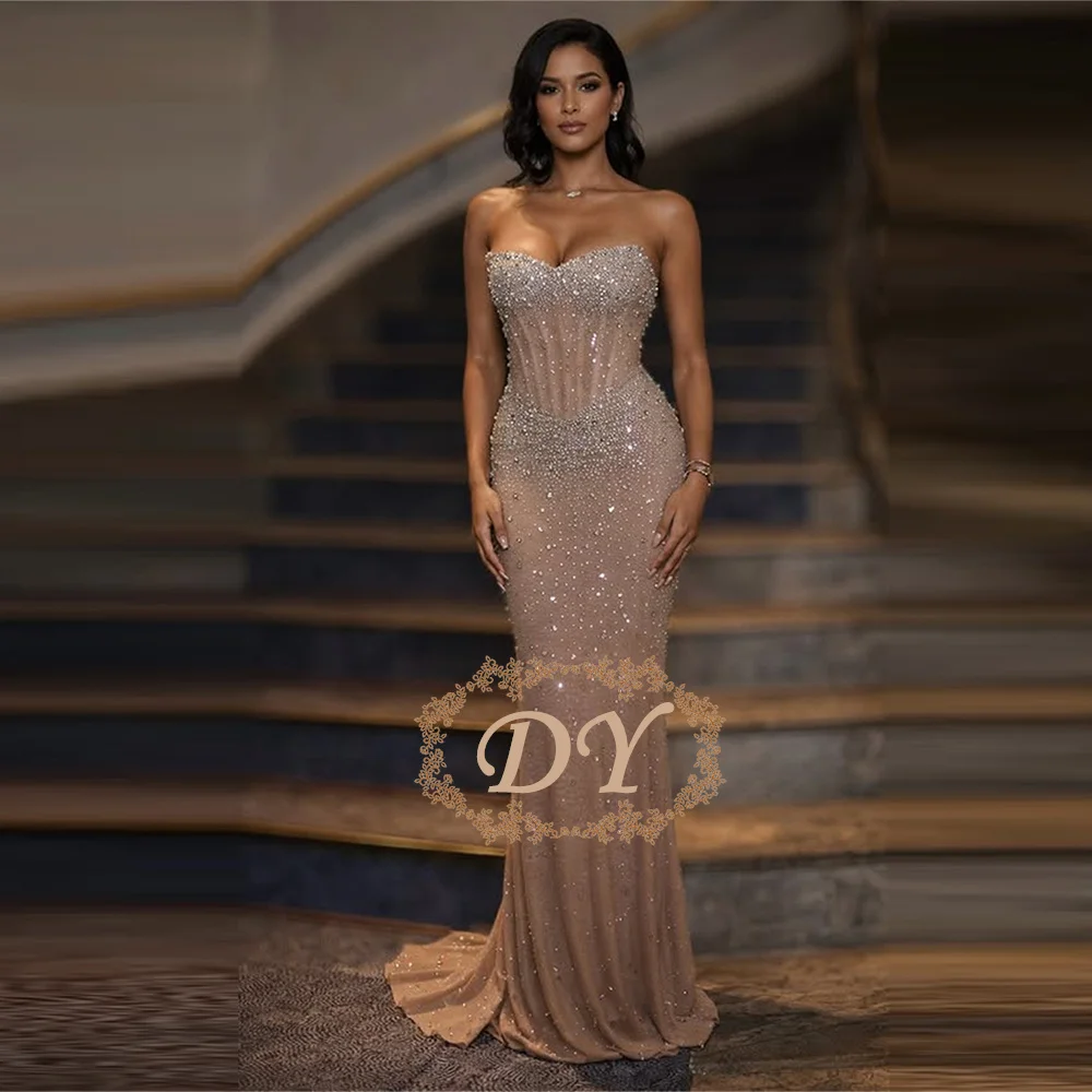 DY Maßgeschneidertes Meerjungfrau-Abendkleid Trägerloses Perlen-Pailletten-Ballkleid Sexy Bodenlange Partykleider