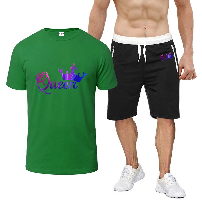 

2024 Summer Men Fashion New King Queen Lovers Couples Short-Sleeved Set Comfortable Casual T-shirt + Shorts Printing Suit