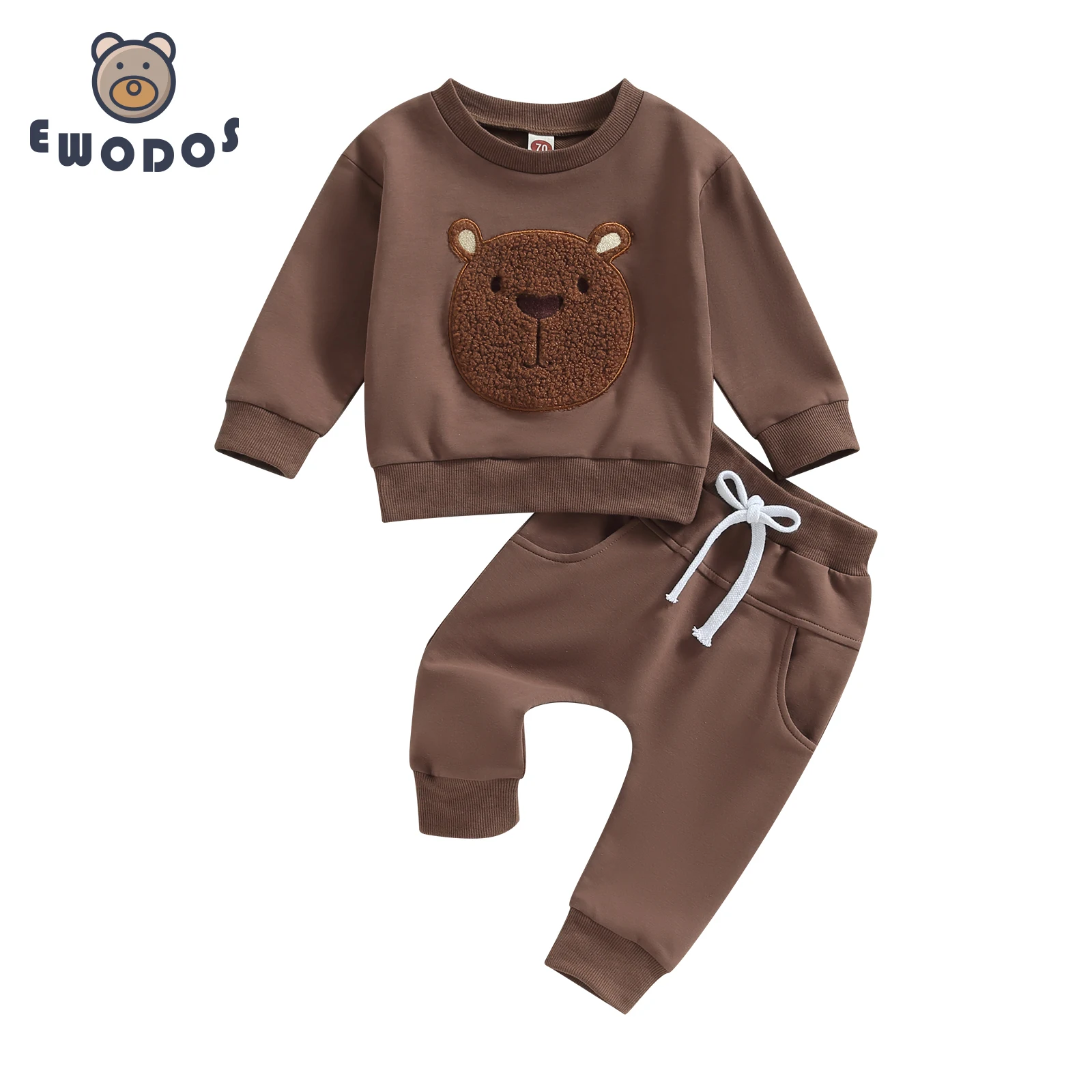 EWODOS Toddler Baby 2Pcs Fall Outfits Sets Long Sleeve Cute Bear Embroidery Tops Long Pants Set Toddler Baby Autumn Warm Clothes