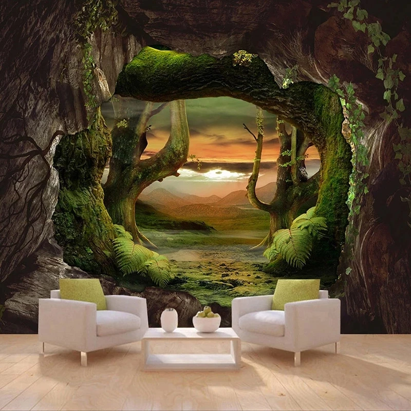 Custom 3D Photo Self Adhesive Wallpaper Cave Stone Wall Primitive Forest Mural Bedroom Living room sofa TV background restaurant