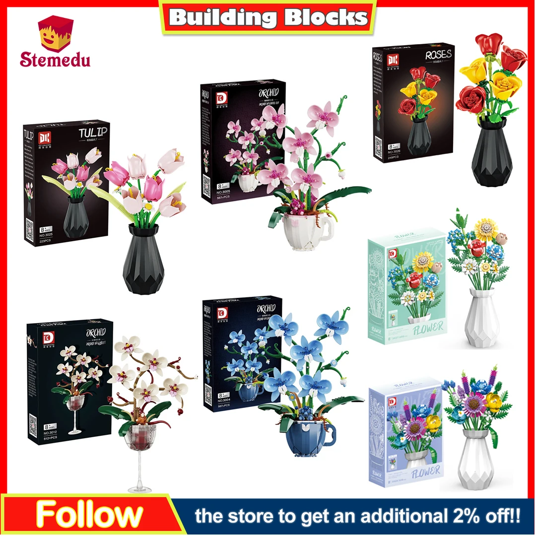 

MOC Orchid Flower Bouquet Building Blocks DIY Bonsai Plant Model Kit, Romantic Home Decoration Creative Gift for Kids & Adults