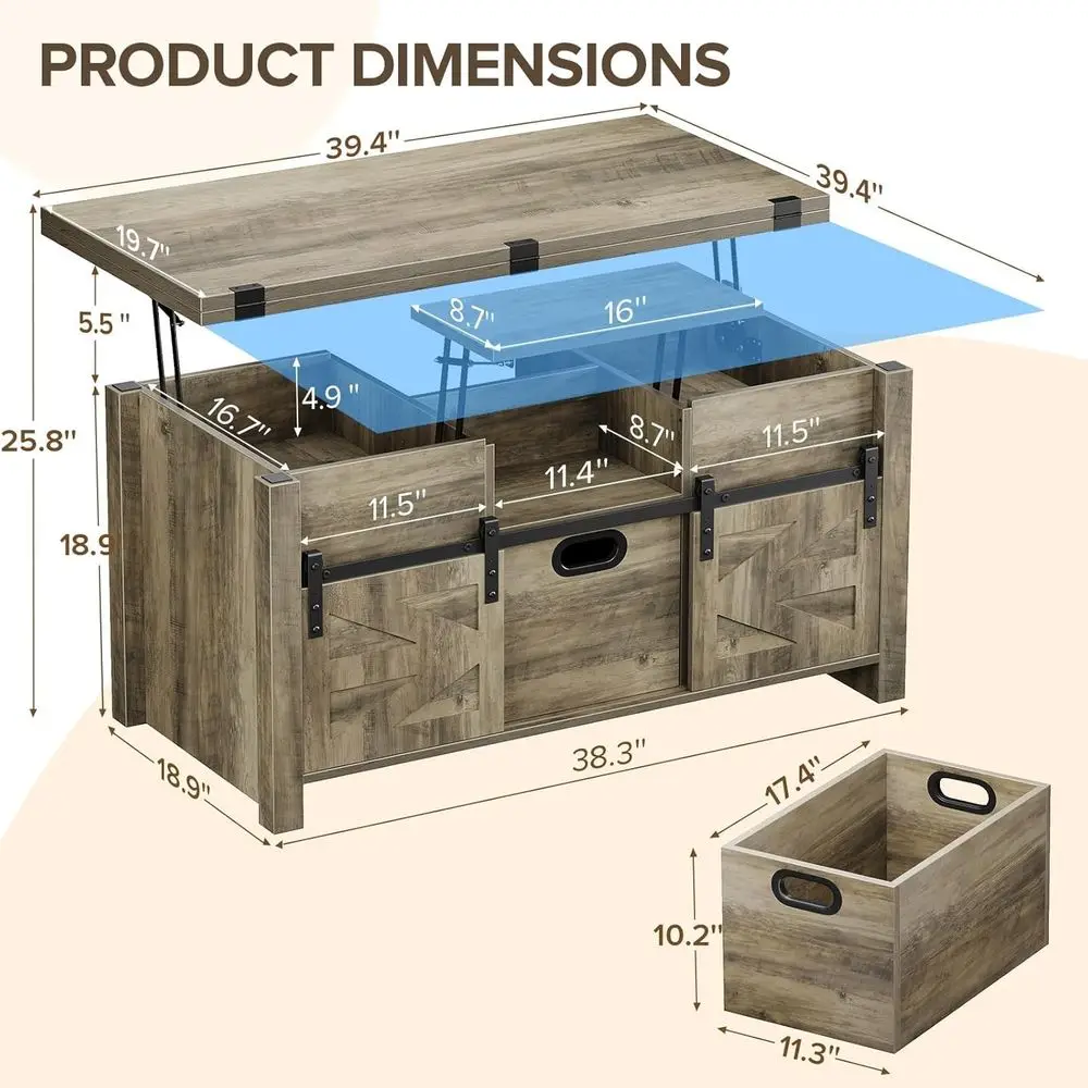 طاولة قهوة قابلة للتحويل 4 في 1 باللون الرمادي مع باب الحظيرة المنزلقة وأدراج تخزين ومقصورات مخفية #3