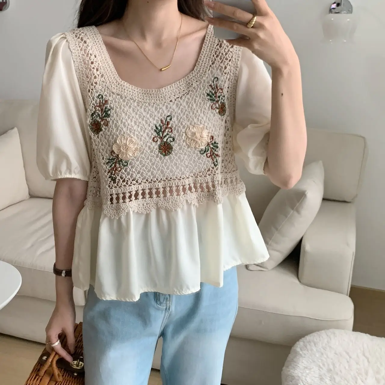 Women Blouse Embroidery Floral Crochet Top Puff Sleeve Square Neck Babydoll Top Summer Women Teen-girl Fairycore Outfit