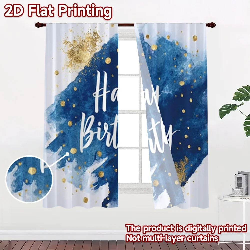 2D flat printing 2pcs Curtain Party Curtains Birthday Blue and Gold Celebration Digital Printed Polyester Drapes Festive Holiday