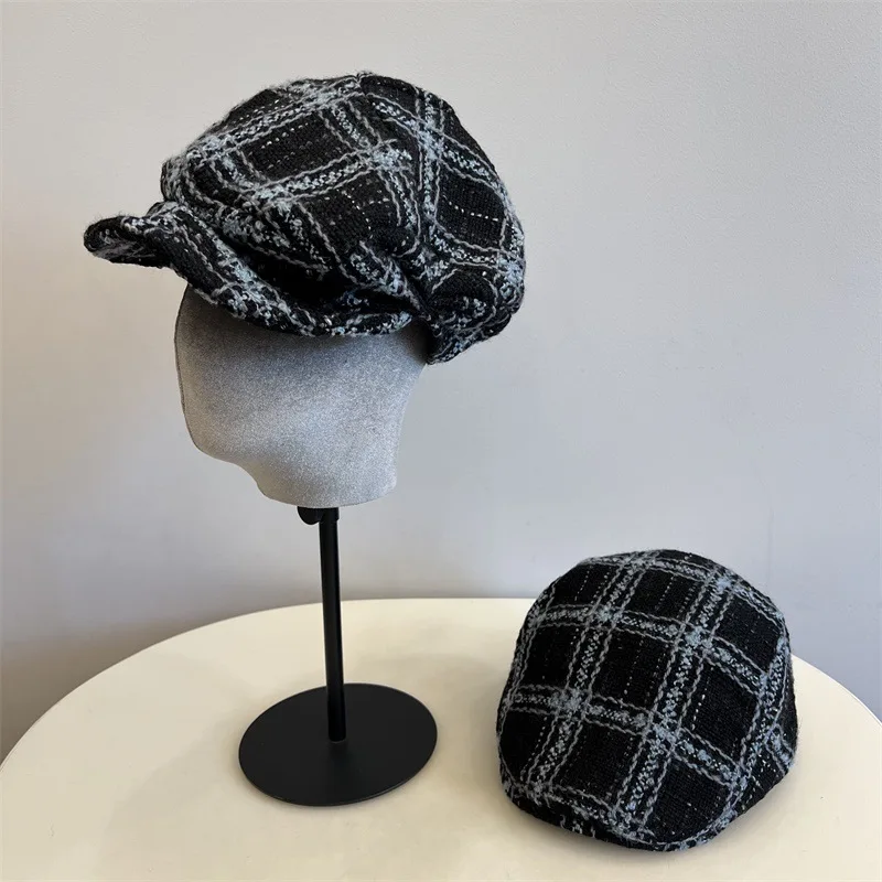 

Осень-зима, новая грубая шерстяная клетчатая шляпа газетчика для девочек, осенне-зимний теплый утолщенный литературный берет и берет в стиле ретро, передняя шапка