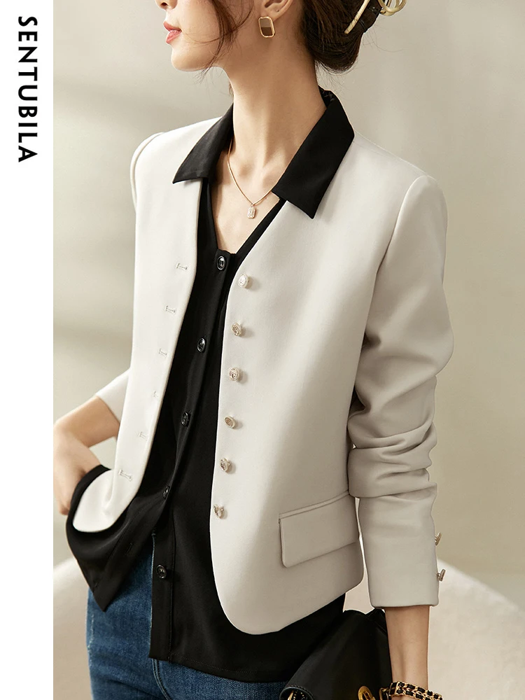 SENTUBILA V Neck Short Blazer Jackets for Women Autumn Elegant Casual Long Sleeve Single Breasted Simple Suit Jacket 123W44463