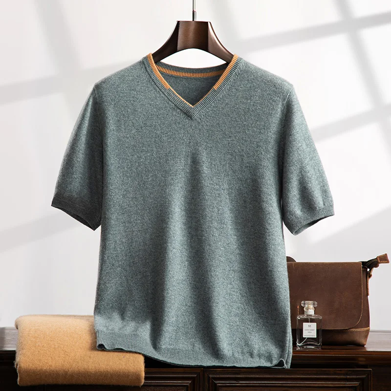 2026 Spring/Summer New Men's High Quality V-neck Knitted Shirt 100% Pure Cashmere Short Sleeve Business Casual Men's T-shirt