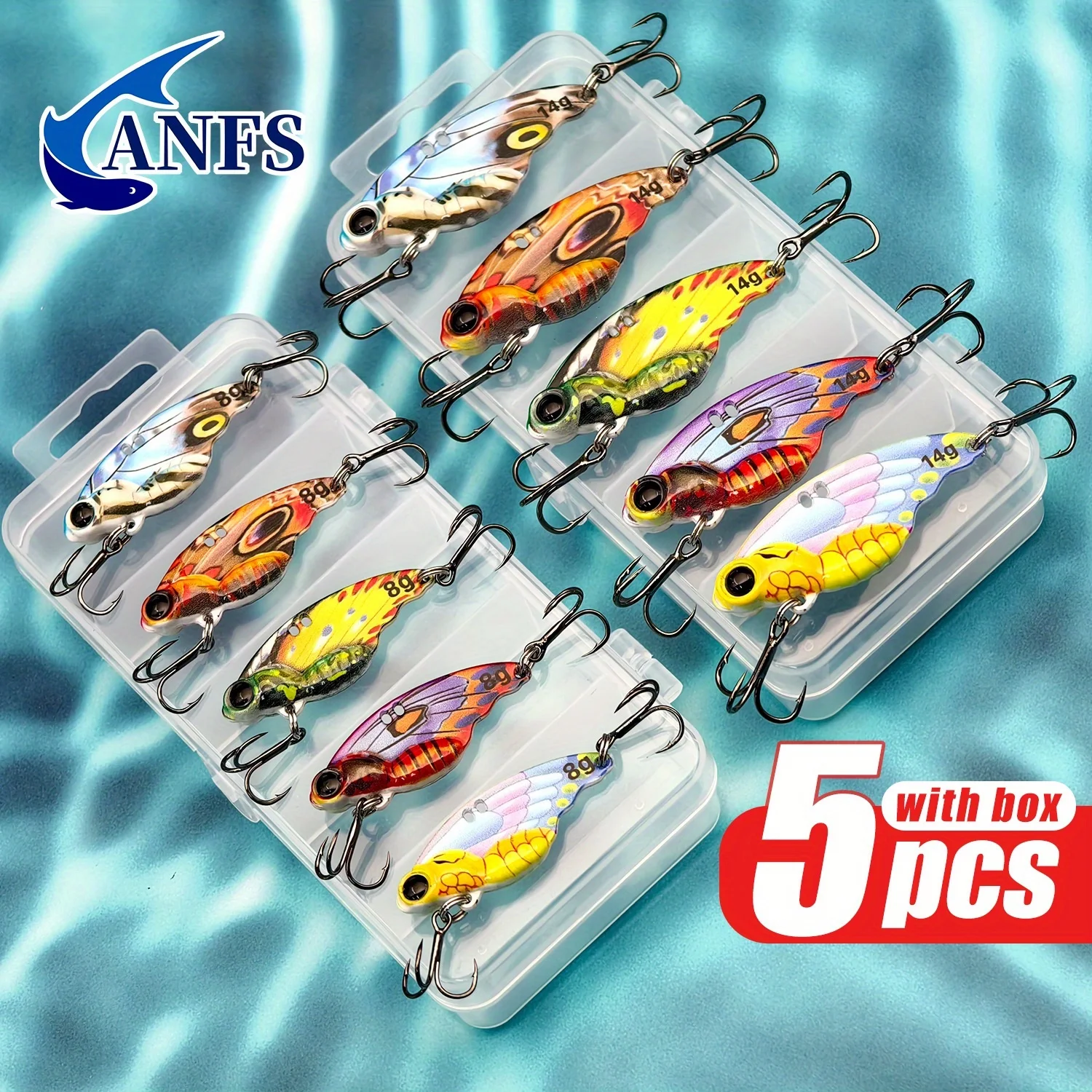 

ANFS 5pcs Metal Fishing Lure Kit -Butterfly VIB Baits Assorted Color, Amazing Fishing Gift for Angler