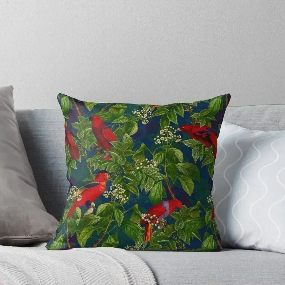 

Vintage Red Parrot in Green Jungle Pattern Botanical Night Garden Throw Pillow Decorative Cushions For Living Room pillow