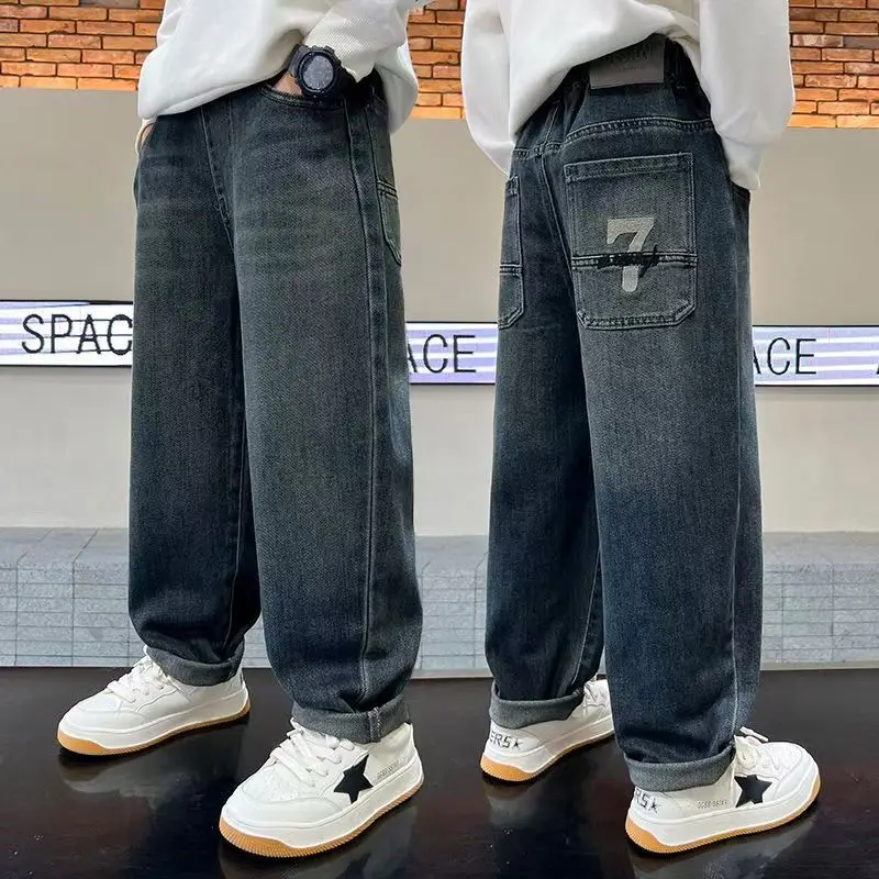 Frühling Herbst Jungen Loose Fit Gerade Vielseitige Jeans Schulkinder Outdoor Denim-Hosen Kinder Coole Outfit Unterteil Hosen Bestseller