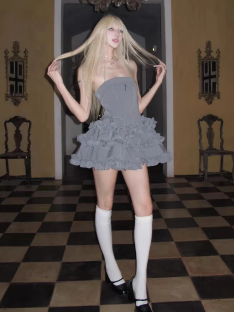 RORIRI ผู้หญิง Cross Boned Corset เค้ก Off-ไหล่ Backless Slim Frilly Puffy ชุดเจ้าหญิง Retro วันเกิด Party เสื้อผ้า