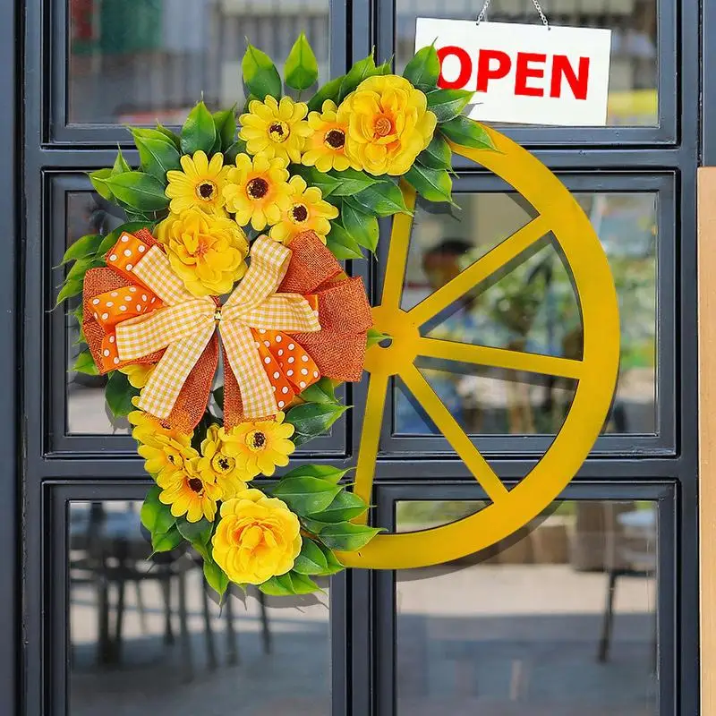 Artificial Flower Wreath Rustic Spring Wreath Yellow Floral Decorative Garland With Bowknot Wheel Simulation Green Plants