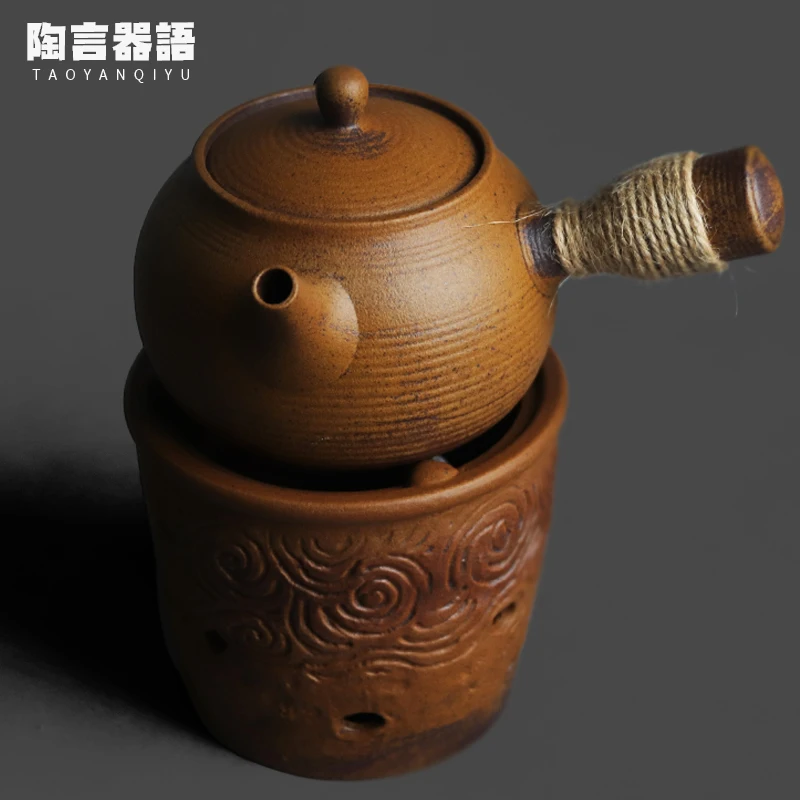 Gray Brown Sauce Glaze Vintage Rough Ceramic Side Handle Pot Warm Tea Set Large Alcohol Stove Chinese Zen Cooking Tea Pot