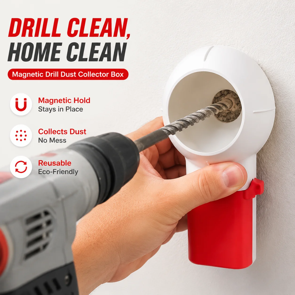 Reusable Drill Dust Collector Box with Guide Sleeve, Magnetic Chip Containment Case for Clean Ceiling and Wall Drilling