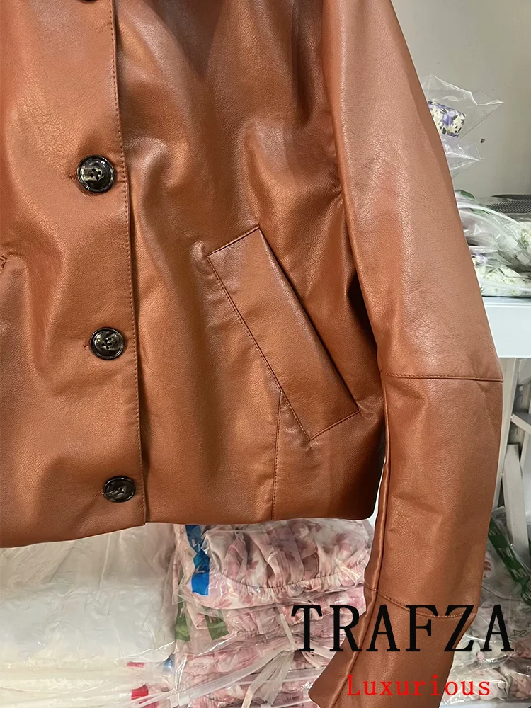TRAFZA Vintage Casual Chic Women Jackets Single Breasted Turn-down Collar Pockets Coats New Fashion 2024 Office Lady Jackets