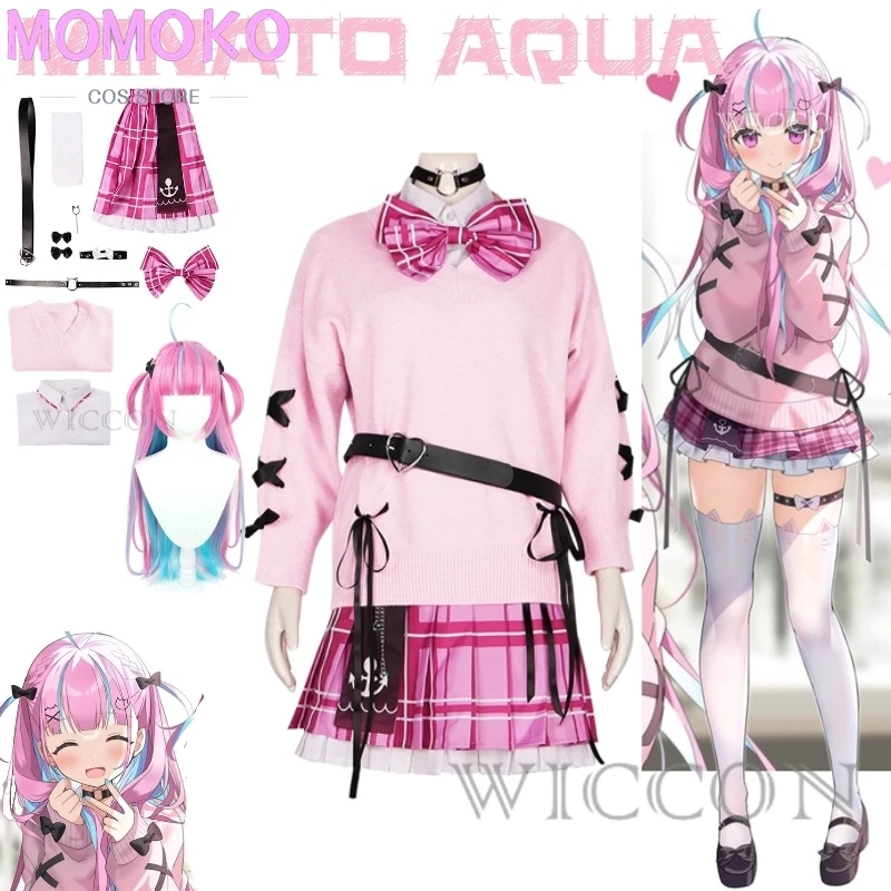 hololive-gamers-virtual-anchor-minato-aqua-cosplay-pink-sweater-style-shirt-dress-women's-set-youtube-cosplay-costume-all-of-set