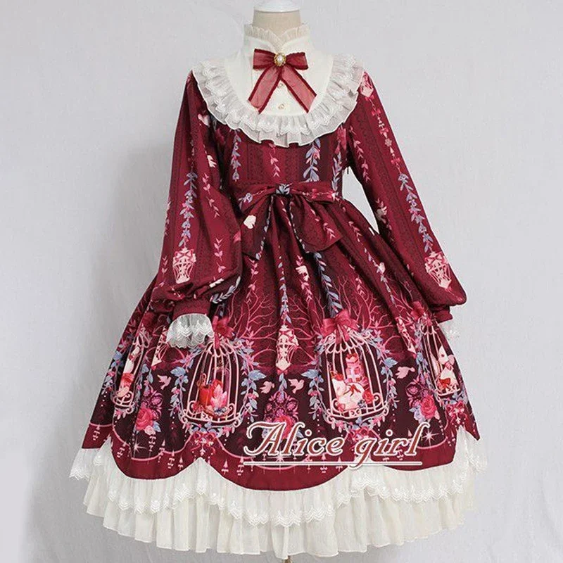 Frauen kawaii rosa Lolita Dienst mädchen Kleid Langarm Kostüm lose neue Blume Prinzessin Original kleid Erdbeer kleid (mit Clip)