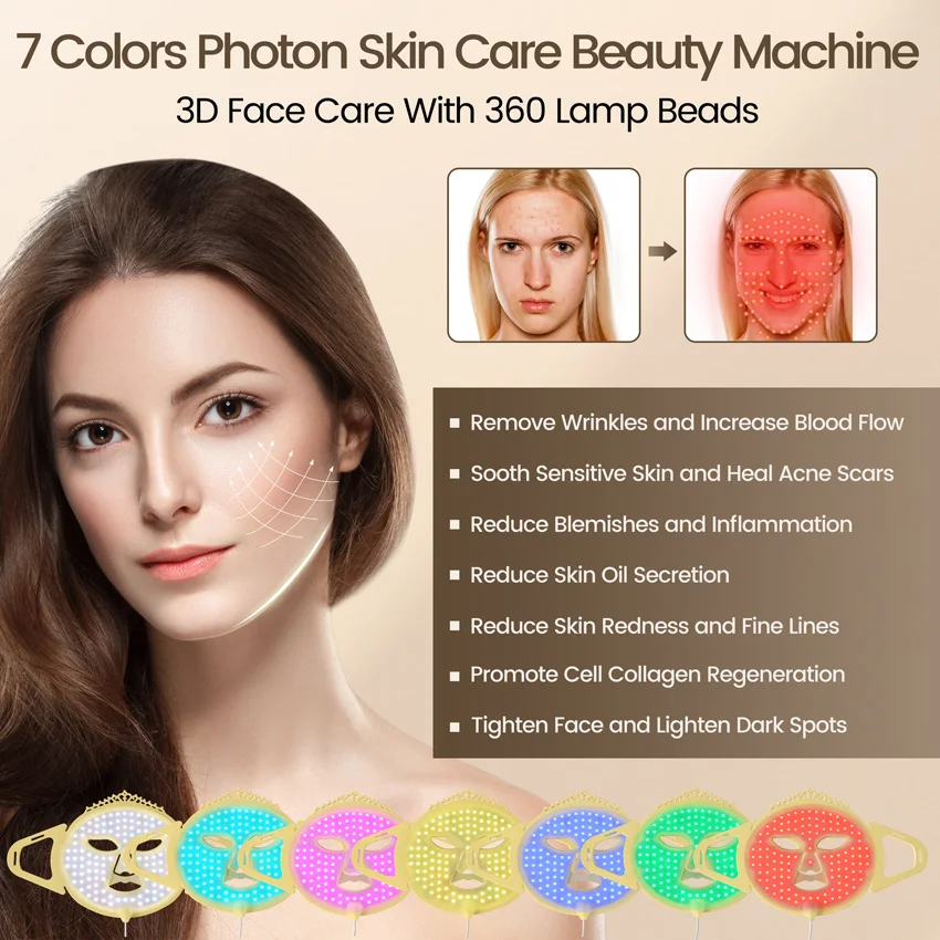 7 Colors 360 Lamp Beads LED Soft Silicone Facial Mask Red Light Photon Therapy for Anti Wrinkle Firming Skin Brightening Acne