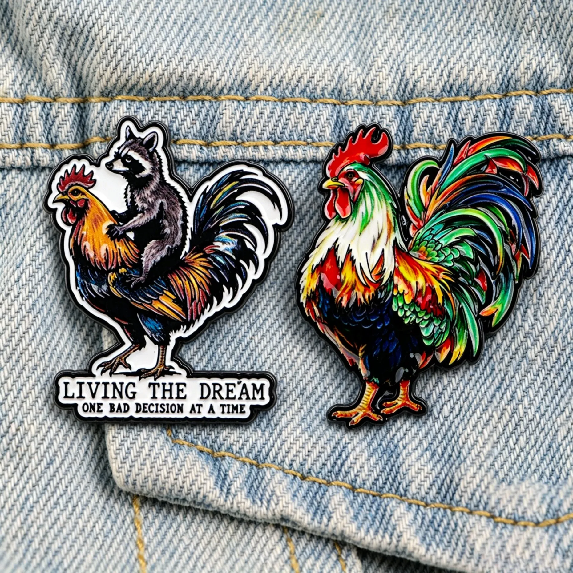 Funny Raccoon Riding Rooster Enamel Pins Colorful Chicken Brooch Cartoon Animal Badge for Denim Jacket Backpack Decor Gift