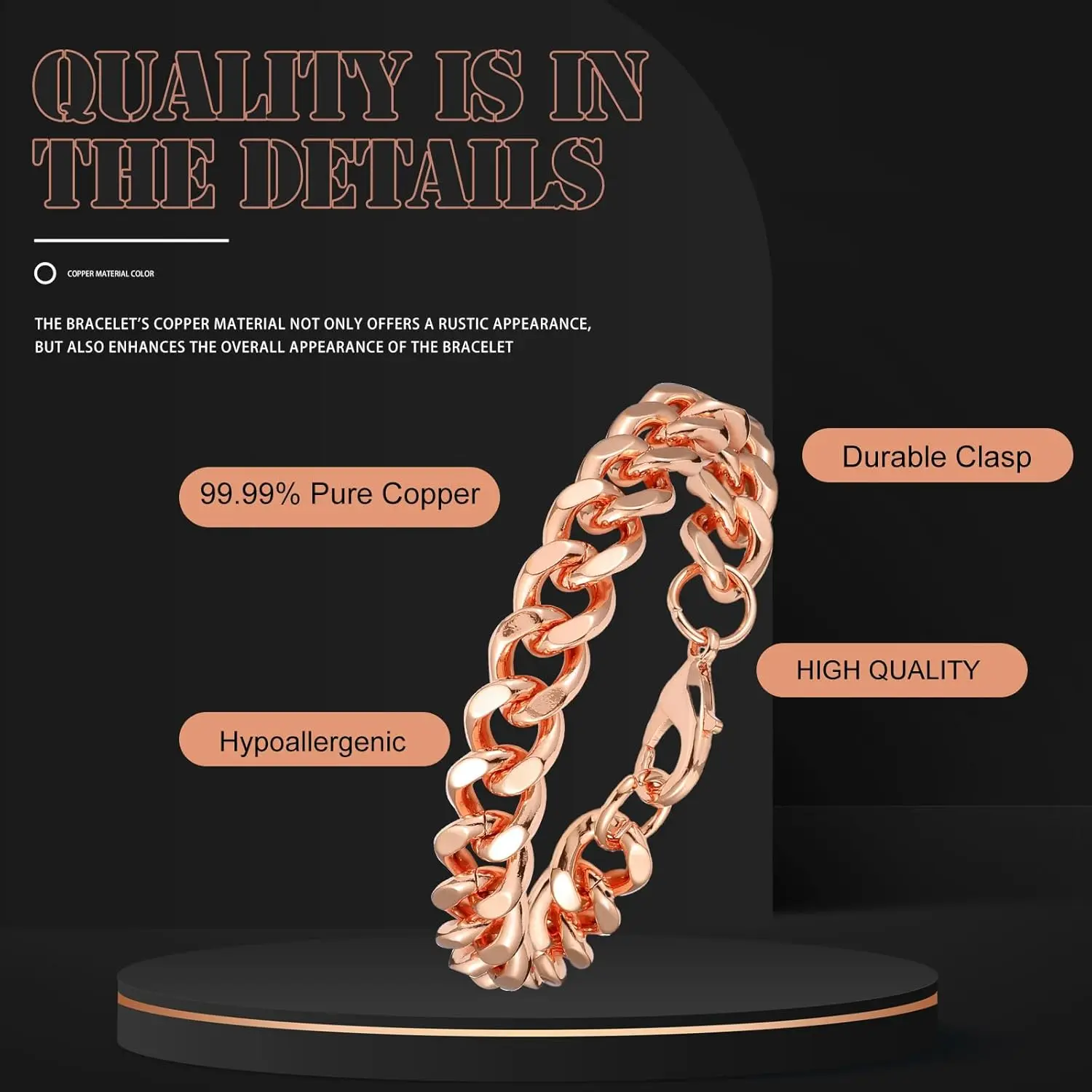 Kupferarmband für Männer, Valentinstagsgeschenk, 19,1–9 Zoll, massives Kupferglied, reine Armbänder für Gesundheit, Schmuck, Geschenke, Herrenarmband – Detail 2