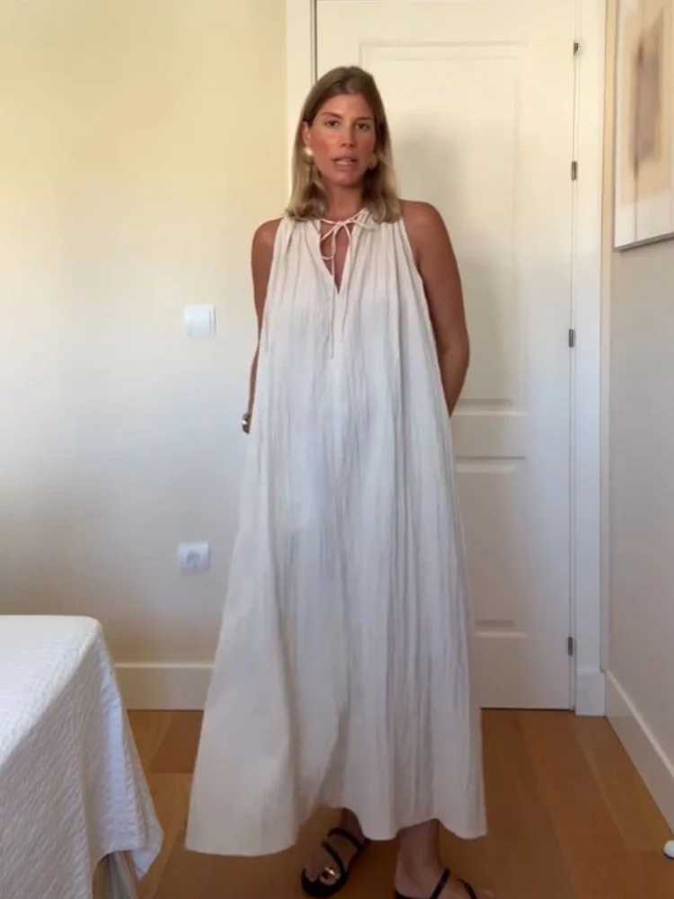 HH femme nouvelle mode Chic robe longue solide col en v nœud à lacets décoration femmes été décontracté robes sans manches en vrac