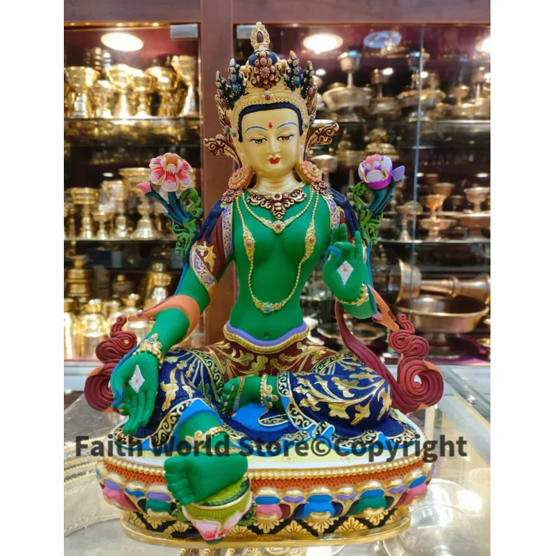 31cm large TOP Exquisite Buddha Tara color Painted copper carving Green Tara Bodhisattva Buddhist temple lama monk worship