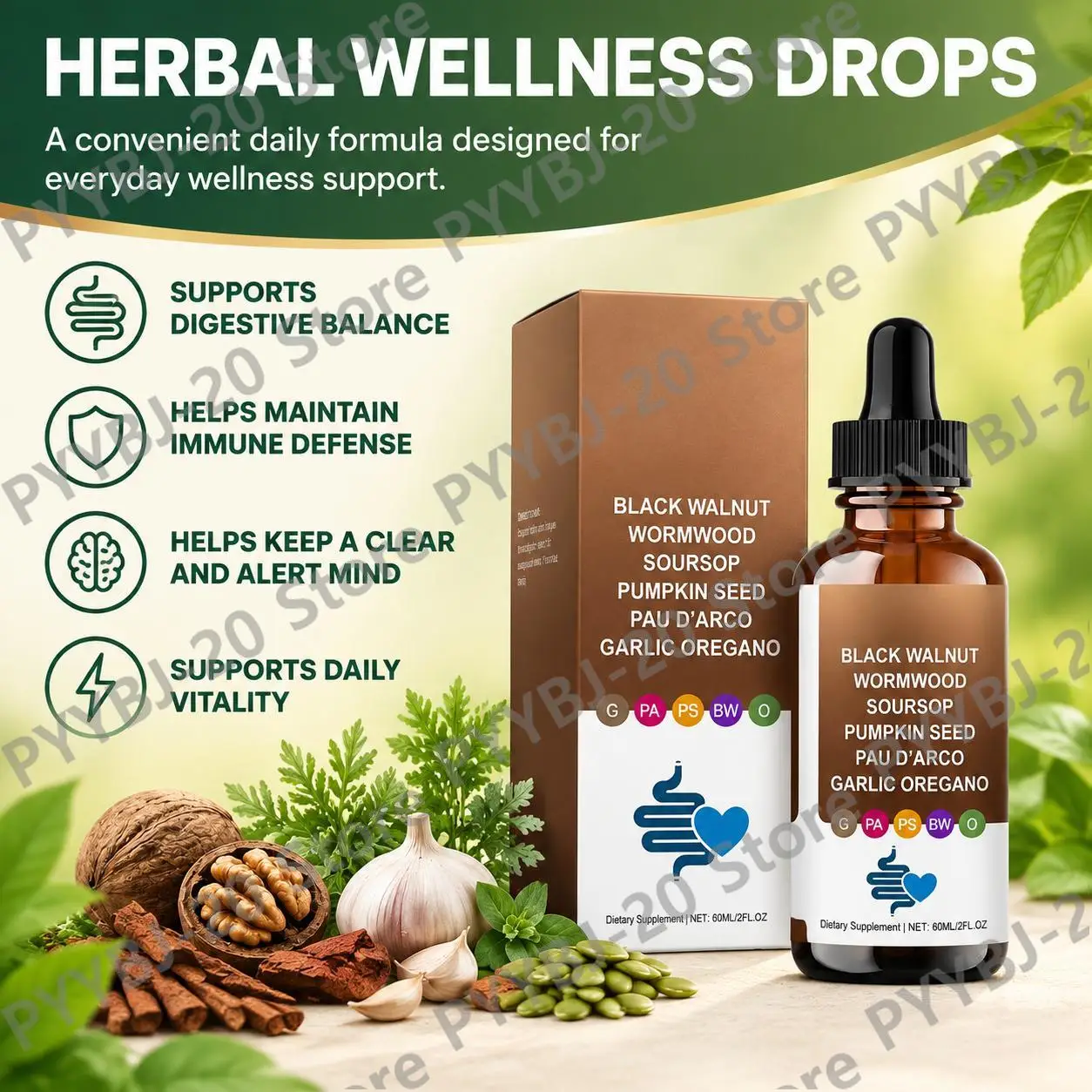 Black Walnut Wormwood Drops Digestive Support Gut Health Immune Support with Soursop Pumpkin Seed Pau D'Arco Garlic Extract 60ml