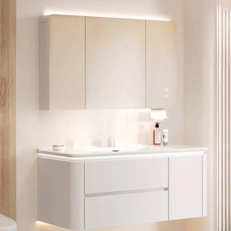 

Mirror Hang Bathroom Cabinet Light Door Modern Vanity Storage Bathroom Cabinet Drawers Floating Meuble Salle De Bain Furniture