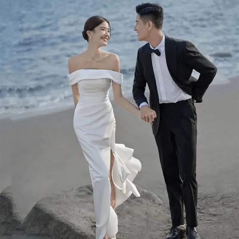 

Off Shoulder French Satin Light Wedding Dress Simple And Elegant With A Slit Fish Tail For Outdoor Wear Formal Dress Customized