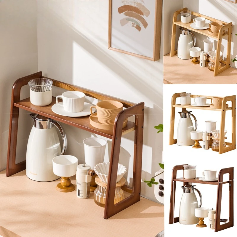 

Newest Countertop Double Layer Wooden Organizer Coffee Cup Tea Set Storage Cup Rack Coffee Utensil Storage Natural Wood Finish